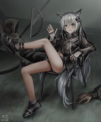Rule 34 | 1girl, ahoge, animal ears, ark john up, arknights, bare legs, black footwear, black jacket, black shorts, chair, commentary, crossed legs, dated, death, english commentary, fingerless gloves, full body, gloves, grey eyes, grey legwear, grin, hair between eyes, hair ornament, highres, indoors, jacket, katana, lappland (arknights), long hair, long sleeves, looking at viewer, midriff, navel, scar, scar across eye, scar on face, shoes, short shorts, shorts, signature, silver hair, sitting, smile, socks, solo focus, sword, table, tail, thighs, waving, weapon, white gloves, wolf ears, wolf tail