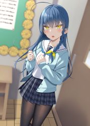 Rule 34 | 1girl, ahoge, black pantyhose, blue cardigan, blue hair, blue neckwear, blue skirt, blurry, blurry background, blush, braid, cardigan, commentary request, depth of field, door, fine fabric emphasis, gurande (g-size), hair between eyes, hair ribbon, highres, indoors, long hair, long sleeves, looking at viewer, open cardigan, open clothes, open mouth, original, pantyhose, plaid, plaid skirt, pleated skirt, ribbon, sailor collar, school uniform, serafuku, shirt, side braid, single braid, skirt, sleeves past wrists, solo, standing, teeth, upper teeth only, very long hair, white sailor collar, white shirt, yellow eyes, yellow ribbon