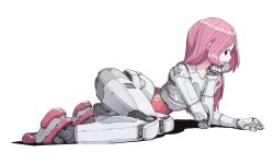 Rule 34 | 1girl, android, grey eyes, hand on own chin, highres, humanoid robot, long hair, looking at viewer, looking to the side, lying, on side, original, pink hair, robot, sukabu, white background