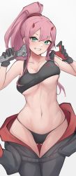 Rule 34 | 1girl, abs, absurdres, breasts, commission, darling in the franxx, gloves, green eyes, highres, horns, kanotype, long hair, mechanic, midriff, navel, panties, pink hair, pixiv commission, ponytail, underboob, underwear, wrench, zero two (darling in the franxx)