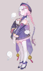 Rule 34 | 1girl, absurdres, animal ears, bell, blush, braid, breasts, cat ears, cleavage, cleavage cutout, clothing cutout, commentary, detached sleeves, dress, full body, gradient hair, grey background, hair ornament, hairclip, hat, high heels, highres, hitodama, holding, holding paper, long hair, looking at viewer, mayuri kaichou, medium breasts, multicolored hair, nijisanji, ofuda, open mouth, paper, parted bangs, pink eyes, pink hair, purple dress, purple footwear, purple hat, shiina yuika, shiina yuika (4th costume), silver hair, simple background, smile, solo, standing, tassel, thighhighs, twin braids, twintails, virtual youtuber, white thighhighs, zettai ryouiki