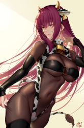 Rule 34 | 1girl, animal ears, animal print, bell, black bodysuit, blush, bodysuit, breasts, center opening, collar, cow ears, cow horns, cow print, cow tail, cowbell, fake animal ears, fate/grand order, fate (series), highleg, highleg leotard, horns, large breasts, layered clothes, leotard, long hair, looking to the side, neck bell, o-ring, okitakung, purple hair, red eyes, scathach (fate), tail, white leotard