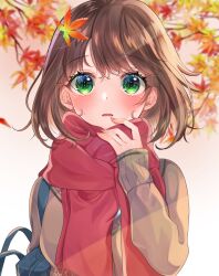 Rule 34 | 1girl, absurdres, autumn, autumn leaves, bag, blue bag, blush, brown cardigan, brown hair, cardigan, commentary request, day, expressionless, eyelashes, fingernails, fringe trim, gradient background, green eyes, hand to own mouth, highres, leaf, leaf background, long sleeves, looking at viewer, maple leaf, medium hair, nail polish, original, parted lips, partial commentary, pink nails, scarf, shirt, shoulder bag, sleeves past wrists, solo, straight-on, sunlight, sweat, totomachokori, upper body, white background, white shirt