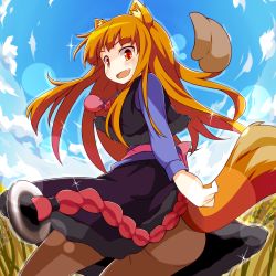 Rule 34 | 1girl, animal ears, blush, brown hair, dorowa no hito, dress, fang, highres, holo, long hair, looking at viewer, open mouth, orange eyes, pantyhose, pouch, smile, solo, spice and wolf, tail, wolf ears, wolf tail