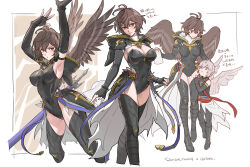 Rule 34 | 1boy, 1girl, age difference, aged down, ahoge, armor, armpits, belt, black thighhighs, blue belt, blue eyes, boots, breasts, brown hair, brown wings, cape, cleavage, cleavage cutout, clothing cutout, coffee pot, commentary, commentary request, covered navel, english text, feathered wings, fingerless gloves, full body, genderswap, genderswap (mtf), gloves, granblue fantasy, hair between eyes, highres, hood, hood down, jewelry, large breasts, leotard, light smile, lucifer (shingeki no bahamut), multiple views, onee-shota, parted lips, red eyes, sandalphon (granblue fantasy), short hair, sideboob, sword, tekki (tki), thigh boots, thighhighs, translation request, turtleneck, weapon, white background, white cape, white hair, white wings, wings
