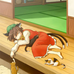 Rule 34 | 1girl, :3, animal ears, barefoot, brown hair, cat, cat ears, cat tail, chen, earrings, feet, female focus, hat, jewelry, kannari, lying, multiple tails, on side, porch, short hair, sleeping, solo, tail, too many, too many cats, touhou, veranda
