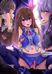 Rule 34 | 3girls, :q, animal ears, backstage, bar censor, black hoodie, black pantyhose, blue skirt, blue thighhighs, blue vest, blush, breasts, brown hair, cat ears, censored, cleft of venus, commentary request, covered navel, empty eyes, hair flaps, hair ornament, hair ribbon, hairclip, highres, hololive, hood, hoodie, kajimakoto, large breasts, licking lips, looking at viewer, medium breasts, medium hair, miniskirt, multiple girls, natsuiro matsuri, natsuiro matsuri (1st costume), nekomata okayu, nekomata okayu (1st costume), open mouth, paid reward available, pantyhose, pink ribbon, pleated skirt, purple hair, pussy, ribbon, ringed eyes, shirt, side ponytail, skirt, sleeveless, sleeveless shirt, spread legs, squatting, thighhighs, tokino sora, tokino sora (1st costume), tongue, tongue out, torn clothes, torn hoodie, torn pantyhose, torn shirt, torn skirt, torn vest, vest, virtual youtuber, white shirt, white skirt
