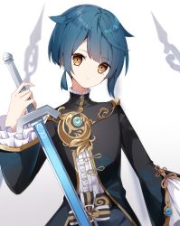 Rule 34 | 1boy, a.a (aa772), black jacket, black pants, blue hair, brown eyes, center frills, closed mouth, commentary request, frills, genshin impact, gradient background, grey background, hair flaps, hand up, holding, holding sword, holding weapon, jacket, long sleeves, looking at viewer, male focus, pants, shirt, solo, sword, weapon, white background, white shirt, wide sleeves, xingqiu (genshin impact)