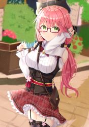 1girl, ahoge, arms up, bag, between breasts, black headwear, black legwear, blurry, blurry background, breasts, brick road, cowboy shot, day, expressionless, eyebrows visible through hair, fingernails, garter straps, glasses, green eyes, hair between eyes, hair ornament, hairclip, hand in hair, handbag, hat, hat with ears, hedge (plant), highres, hololive, large breasts, light particles, long hair, long sleeves, looking at viewer, low twintails, nibosi, official alternate costume, outdoors, petticoat, pink hair, plaid, plaid skirt, plant, potted plant, raglan sleeves, rectangular eyewear, red-framed eyewear, red skirt, sakura miko, semi-rimless eyewear, shirt, skirt, sleeves past wrists, solo, strap between breasts, thighhighs, twintails, under-rim eyewear, underbust, virtual youtuber, white shirt, wind, wind lift, zettai ryouiki