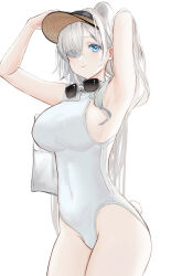 Rule 34 | 1girl, absurdres, animal ears, arknights, armpits, arms up, aurora (arknights), bare arms, bare shoulders, bear ears, bear tail, blue eyes, breasts, commentary request, covered navel, cowboy shot, eyewear around neck, highres, large breasts, long hair, looking at viewer, nopetroto, one-piece swimsuit, simple background, smile, solo, standing, sunglasses, swimsuit, tail, thighs, very long hair, visor cap, white background, white hair, white one-piece swimsuit