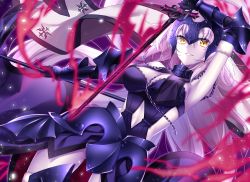 Rule 34 | 1girl, bare shoulders, breasts, chain, cleavage, collar, detached sleeves, dress, fate/grand order, fate (series), flag, fur-trimmed sleeves, fur trim, grey hair, headpiece, jeanne d&#039;arc (fate), jeanne d&#039;arc alter (avenger) (fate), jeanne d&#039;arc alter (avenger) (third ascension) (fate), jeanne d&#039;arc alter (fate), kgr lplc, large breasts, long hair, looking at viewer, purple dress, solo, thighhighs, very long hair, yellow eyes