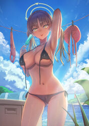 Rule 34 | 1girl, :p, absurdres, arm up, armpits, bare shoulders, bikini, black bikini, blue archive, blue sky, blush, bra, unworn bra, breasts, clothes hanger, cloud, cloudy sky, collarbone, cowboy shot, day, food, groin, hair between eyes, halo, highres, holding, holding food, holding popsicle, large breasts, long hair, looking at viewer, melting, micro bikini, moe (blue archive), moe (swimsuit) (blue archive), navel, outdoors, panties, unworn panties, popsicle, sky, smile, solo, soramiruku, standing, stomach, string bikini, swimsuit, thighs, tongue, tongue out, underwear, untied bikini, yellow eyes
