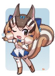 Rule 34 | 1girl, animal ears, blue background, boots, brown eyes, brown hair, chipmunk ears, chipmunk girl, chipmunk tail, extra ears, full body, gloves, highres, kemono friends, kemono friends v project, kneehighs, looking at viewer, microphone, mugise hitsuji, one eye closed, ribbon, shirt, short hair, shorts, siberian chipmunk (kemono friends), simple background, socks, solo, tail, vest, virtual youtuber