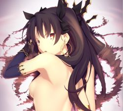 Rule 34 | 1girl, black ribbon, breasts, brown hair, detached sleeves, earrings, fate/grand order, fate (series), hair between eyes, hair ribbon, ishtar (fate), jewelry, long hair, looking at viewer, looking back, magicians (zhkahogigzkh), nude, open mouth, red eyes, ribbon, small breasts, solo, twintails, upper body