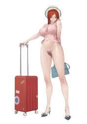 Rule 34 | 1girl, absurdres, artist name, bag, bare arms, bottomless, breasts, brown eyes, crop top, female pubic hair, full body, fushe, handbag, hat, high heels, highres, impossible clothes, impossible shirt, large breasts, long hair, looking at viewer, luggage, navel, original, pink shirt, pubic hair, red hair, ribbon, rolling suitcase, shirt, simple background, sleeveless, sleeveless shirt, smile, solo, standing, stomach, strappy heels, suitcase, tattoo, white background, white hat
