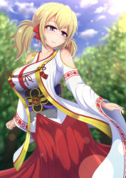 Rule 34 | 10s, 1girl, bare shoulders, blonde hair, blurry, blush, bow, breasts, closed mouth, clothing cutout, cowboy shot, day, depth of field, hair between eyes, hair bow, hakama, hakama skirt, highres, huge breasts, japanese clothes, kafuru (senran kagura), light smile, long hair, low twintails, outdoors, ponponmaru, purple eyes, senran kagura, shiny skin, shoulder cutout, skirt, smile, solo, twintails
