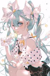 Rule 34 | 1girl, aqua eyes, aqua hair, artist name, bare shoulders, black skirt, bow, bowtie, collared shirt, earrings, eating, frilled skirt, frilled wrist cuffs, frills, gloves, hair between eyes, hatsune miku, highres, jewelry, lace, long hair, majamari, midriff, miniskirt, navel, open mouth, polka dot sleeves, shirt, signature, skirt, solo, star (symbol), twintails, very long hair, vocaloid, white background, white bow, white gloves, white shirt, white sleeves, wings, wrist cuffs, yellow bow, yellow bowtie