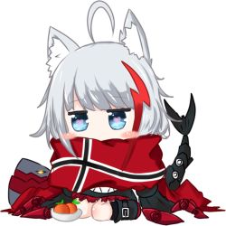 Rule 34 | 1girl, admiral graf spee (azur lane), ahoge, animal ears, azur lane, bailingxiao jiu, black dress, black footwear, black socks, blue eyes, blush, blush stickers, boots, bowl, cat ears, chibi, claws, commentary request, covered mouth, dress, flag print, food, frilled dress, frills, fruit, full body, glowing, glowing eye, heart, heart-shaped pupils, kemonomimi mode, kneehighs, looking at viewer, multicolored hair, norwegian flag, print scarf, red hair, red scarf, scarf, silver hair, simple background, sitting, socks, solo, streaked hair, symbol-shaped pupils, tail, wariza, white background