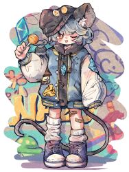 Rule 34 | 1girl, animal, animal ears, asymmetrical legwear, bandaid, bandaid on leg, black hoodie, blush, candy, closed mouth, food, full body, grey hair, holding, holding candy, holding food, hood, hoodie, jacket, jewelry, long sleeves, mame komari, mouse, mouse ears, mouse tail, nazrin, one eye closed, open clothes, open jacket, pendant, red eyes, short hair, socks, solo, standing, tail, tongue, tongue out, touhou, white socks