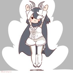 Rule 34 | 1girl, animal ears, arms up, black hair, blackbuck (kemono friends), bow, bowtie, cloak, coroha, elbow gloves, extra ears, full body, gloves, grey background, hair over one eye, horns, jumping, kemono friends, long hair, looking at viewer, multicolored hair, pantyhose, shirt, shoes, shorts, simple background, sleeveless, sleeveless shirt, solo, tail, two-tone hair, white hair