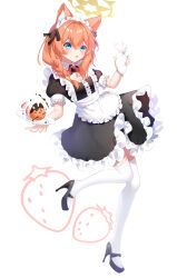 Rule 34 | 1girl, :o, absurdres, alternate costume, animal ears, aoitsuki, apron, black dress, black footwear, blue archive, blue eyes, braid, cat ears, cleavage cutout, clothing cutout, collared dress, commentary, dessert, dress, enmaided, food, frilled apron, frilled dress, frills, garter straps, hair over shoulder, hair tie, halo, high heels, highres, holding, holding saucer, leg up, long hair, looking at viewer, maid, maid headdress, mari (blue archive), medium hair, neck ribbon, open mouth, orange hair, pastry bag, red ribbon, ribbon, saucer, short dress, short sleeves, single braid, solo, standing, standing on one leg, waist apron, wing collar