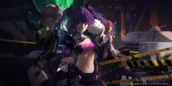 Rule 34 | 3girls, aisha landar, black gloves, black legwear, blue eyes, breasts, cleavage, closers, elementalist (dungeon and fighter), elsword, gloves, hair ornament, highres, knife, looking at viewer, mage (dungeon and fighter), midriff, multiple girls, navel, pink hair, pointy ears, purple eyes, purple hair, red eyes, red hair, seulbi lee, sitting, small breasts, strapless, swd3e2, thighhighs, twintails, void princess (elsword)