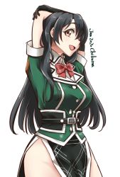 Rule 34 | 1girl, arms up, black eyes, black gloves, black hair, breasts, character name, chikuma (kancolle), chikuma kai ni (kancolle), elbow gloves, gloves, green shirt, kantai collection, large breasts, long hair, pelvic curtain, profile, shirt, simple background, single elbow glove, single glove, solo, stretching, udukikosuke, white background