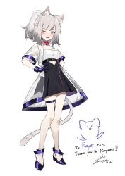 Rule 34 | 1girl, absurdres, animal ear fluff, animal ears, black skirt, blush, breasts, cat ears, cat girl, cat tail, cleavage, collared jacket, collared shirt, colored tips, commission, dated, dress, fataaa, full body, grey hair, hands on own hips, high-waist skirt, high heels, highres, jacket, looking at viewer, medium breasts, medium hair, mole, mole under eye, multicolored hair, one eye closed, open clothes, open jacket, original, ponytail, see-through, see-through jacket, shirt, short sleeves, signature, skeb commission, skirt, smile, solo, strapless, strapless dress, tail, thigh strap
