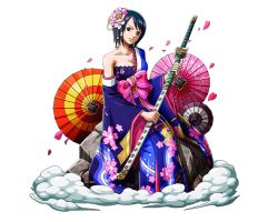 Rule 34 | 1girl, black eyes, blue hair, blue kimono, bodskih, breasts, cleavage, collarbone, flower, hair flower, hair ornament, head tilt, holding, holding sword, holding weapon, japanese clothes, kimono, large breasts, looking at viewer, obi, oil-paper umbrella, one piece, one piece treasure cruise, petals, pink flower, pink umbrella, sash, sheath, sheathed, short hair, simple background, sitting, smile, solo, sword, tashigi, transparent background, umbrella, weapon