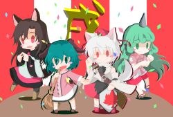 Rule 34 | 4girls, animal ears, bamboo broom, black legwear, blush stickers, broom, brown hair, capelet, chinese zodiac, closed mouth, collared shirt, commentary request, confetti, curly hair, dog ears, dress, full body, geta, green eyes, green hair, highres, holding, holding broom, horns, imaizumi kagerou, inubashiri momiji, kariyushi shirt, kasodani kyouko, komano aunn, leaf, long hair, long sleeves, maple leaf, multicolored clothes, multicolored dress, multicolored shorts, multicolored skirt, multiple girls, music, open mouth, outstretched arms, paw pose, pom pom (clothes), red eyes, red footwear, shadow, sheath, shield, shirt, shoes, short hair, short sleeves, shorts, singing, single horn, skirt, smile, spread arms, standing, standing on one leg, strap, sword, tanpo no naka, touhou, turtleneck, weapon, white hair, white legwear, white shirt, wide sleeves, wolf ears, year of the dog