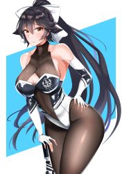 Rule 34 | 1girl, absurdres, azur lane, black hair, black pantyhose, bodysuit, bow, breasts, cleavage, cleavage cutout, closed umbrella, clothing cutout, commentary request, core1013, cowboy shot, elbow gloves, fingerless gloves, gloves, hair bow, hair ears, hair flaps, highres, logo, long hair, looking at viewer, navel cutout, pantyhose, planted, planted umbrella, ponytail, race queen, solo, standing, takao (azur lane), takao (full throttle charmer) (azur lane), turtleneck, two-tone background, two-tone leotard, umbrella, white gloves