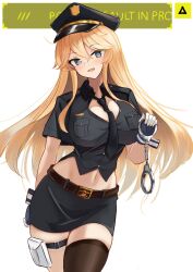 Rule 34 | 1girl, black hat, black necktie, black shirt, black skirt, black thighhighs, blonde hair, blue eyes, blush, breasts, collared shirt, cowboy shot, cuffs, dimos (dawn 1945), gloves, hat, holding, iowa (kancolle), kantai collection, large breasts, long hair, looking at viewer, midriff, navel, necktie, open mouth, payday (series), peaked cap, shackles, shirt, simple background, single thighhigh, skirt, smile, solo, thighhighs, white background, white gloves