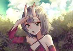 Rule 34 | 1girl, :o, absurdres, artist name, bare shoulders, bird, breasts, bush, cloud, day, detached sleeves, dress, grey eyes, grey hair, hand up, highres, horns, kumaartsu, large breasts, lens flare, looking at viewer, open mouth, original, outdoors, red dress, salute, short hair, sky, solo, sunlight, upper body, wide sleeves