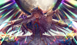 Rule 34 | 1girl, blue ribbon, book, capelet, commentary request, crescent, crescent pin, danmaku, dress, hair ribbon, hat, highres, holding, holding book, long hair, looking at viewer, mob cap, open mouth, patchouli knowledge, purple capelet, purple dress, purple eyes, purple hair, purple ribbon, red ribbon, ribbon, solo, striped clothes, striped dress, touhou, very long hair, wristband, yellow ribbon, ze xia