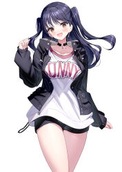 Rule 34 | 1girl, :d, black choker, black hair, black jacket, black shorts, blush, boku no kokoro no yabai yatsu, breasts, brown eyes, choker, clothes writing, collarbone, commentary request, earrings, hand up, highres, hoop earrings, jacket, jewelry, long hair, long sleeves, looking at viewer, medium breasts, open clothes, open jacket, open mouth, puffy long sleeves, puffy sleeves, ririko (zhuoyandesailaer), shirt, short shorts, shorts, simple background, sleeves past wrists, smile, solo, two side up, white background, white shirt, yamada anna