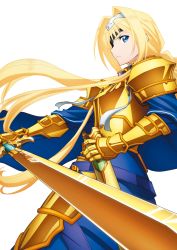 Rule 34 | 1girl, alice zuberg, armor, armored dress, blonde hair, blue cape, blue dress, blue eyes, braid, braided ponytail, breastplate, cape, closed mouth, cowboy shot, dress, eyepatch, faulds, floating hair, gauntlets, gold armor, hair intakes, hairband, highres, holding, holding sheath, holding sword, holding weapon, long hair, osmanthus blade, pauldrons, ponytail, ribbon, sheath, shoulder armor, simple background, solo, standing, sword, sword art online, sword art online: alicization, very long hair, weapon, white background, white hairband, white ribbon