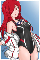 Rule 34 | 1girl, absurdres, blue background, collarbone, competition swimsuit, cowboy shot, dutch angle, goggles, goggles around neck, hair over one eye, hamu agaki, highres, jacket, off shoulder, one-piece swimsuit, open mouth, parasoul (skullgirls), red hair, red lips, skullgirls, solo, swimsuit, yellow eyes