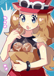 Rule 34 | 1girl, :o, anidler91, bag, black shirt, blonde hair, bracelet, bread, creatures (company), eating, eyewear on headwear, food, food on face, game freak, hat, highres, holding, holding bag, jewelry, long hair, nintendo, open mouth, pokemon, pokemon xy, red hat, red skirt, serena (pokemon), shirt, skirt, sleeveless, sleeveless shirt, solo, upper body