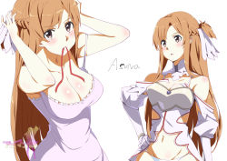 Rule 34 | 1girl, animankan, arms up, asuna (sao), asuna (stacia), blush, braid, breasts, brown eyes, brown hair, cleavage, collarbone, crown braid, female focus, fingernails, groin, hair ornament, hand on own hip, highres, large breasts, long hair, looking at viewer, mouth hold, navel, open mouth, panties, shiny skin, simple background, solo, standing, sword art online, sword art online: alicization, sword art online: alicization - war of underworld, underwear, upper body, white background