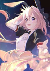 Rule 34 | 1boy, astolfo (fate), astolfo (saber) (fate), astolfo (saber) (third ascension) (fate), black bow, black bowtie, black ribbon, blush, bow, bowtie, dress, fate/grand order, fate (series), hair between eyes, hair bow, hair intakes, hair ribbon, hakka (88hk88), long hair, long sleeves, looking at viewer, male focus, multicolored hair, night, night sky, open mouth, pink hair, purple eyes, ribbon, sky, smile, solo, streaked hair, trap, twintails, white hair