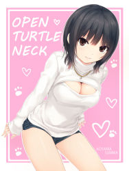 Rule 34 | 1girl, aoyama sumika, black hair, breasts, brown eyes, character name, cleavage, cleavage cutout, clothing cutout, coffee-kizoku, cowboy shot, english text, heart, jewelry, leaning forward, long sleeves, looking at viewer, medium breasts, meme attire, necklace, open-chest sweater, original, revision, ribbed sweater, short hair, short shorts, shorts, sleeves past wrists, smile, solo, sweater, turtleneck