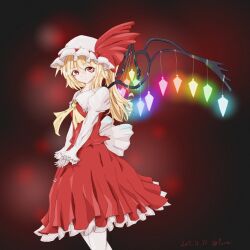 Rule 34 | 1girl, adapted costume, back bow, blonde hair, bow, closed mouth, collared shirt, commentary request, feet out of frame, flandre scarlet, frilled sleeves, frills, from side, glowing, glowing wings, gochisou za raitoningu, hair between eyes, hat, hat ribbon, highres, juliet sleeves, light smile, long hair, long sleeves, looking at viewer, medium skirt, mob cap, multicolored wings, own hands together, puffy sleeves, red background, red eyes, red ribbon, red skirt, red vest, ribbon, ribbon-trimmed headwear, ribbon trim, shirt, simple background, skirt, solo, touhou, vest, white bow, white hat, white shirt, wings