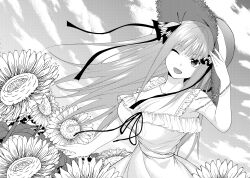 Rule 34 | 1girl, ;d, arm up, blunt bangs, breasts, butterfly hair ornament, cleavage, cloud, commentary request, dress, dutch angle, flower, go-toubun no hanayome, greyscale, hair ornament, hair ribbon, hat, highres, kosmos beta, large breasts, long hair, monochrome, nakano nino, one eye closed, open mouth, outdoors, ribbon, sidelocks, sleeveless, sleeveless dress, smile, solo, sun hat, sunflower