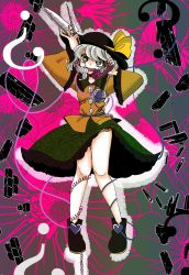 Rule 34 | 1girl, ?, black footwear, black hat, bow, corded phone, crazy eyes, floral background, full body, green eyes, green skirt, grey background, hat, hat bow, hat ribbon, heart, heart of string, highres, index finger raised, knife, komaku juushoku, komeiji koishi, phone, phone cord, pink background, ribbon, rubble, shirt, shoes, silver hair, skirt, smile, solo, third eye, touhou, wide sleeves, yellow bow, yellow ribbon, yellow shirt