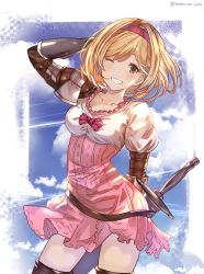 Rule 34 | 1girl, blonde hair, blue sky, brown eyes, brown thighhighs, clenched teeth, cloud, collarbone, day, djeeta (granblue fantasy), gauntlets, granblue fantasy, hairband, hand up, highres, looking at viewer, mohurine cute, one eye closed, red hairband, short hair, sky, smile, solo, sword, teeth, thighhighs, thighs, twitter username, weapon