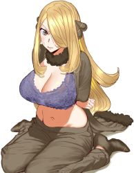 Rule 34 | 1girl, absurdres, arms behind back, belly, black coat, black footwear, black pants, blonde hair, blush, bound, bound arms, bra, breasts, choker, cleavage, coat, creatures (company), cynthia (pokemon), floral print, frown, fur-trimmed choker, fur-trimmed coat, fur trim, game freak, grey eyes, hair ornament, hair over one eye, highres, large breasts, long hair, looking at viewer, navel, nintendo, open clothes, open coat, pants, pokemon, pokemon dppt, purple bra, sidelocks, simple background, sitting, solo, sweatdrop, underwear, very long hair, wariza, white background, zippppiz