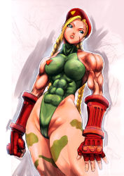 Rule 34 | 1girl, abs, ahoge, antenna hair, beret, blonde hair, blue eyes, braid, breasts, cammy white, camouflage, capcom, elbow gloves, fingerless gloves, gloves, hat, highres, large breasts, leotard, lips, long hair, muscular, muscular female, scar, shopyun, solo, street fighter, thong leotard, twin braids