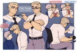 Rule 34 | 2boys, afterimage, aged up, bespectacled, blush, collage, couple, cowboy shot, cropped torso, embarrassed, english text, exercising, exercising, face-to-face, glasses, happy, highres, holding dumbbell, letmehititrq, male focus, mature male, multiple boys, pants, profile, salaryman, scott pilgrim (series), scott pilgrim takes off, short hair, sitting, sparkle, sparse arm hair, standing, thick eyebrows, todd ingram, toned, toned male, wallace wells, weightlifting, yaoi