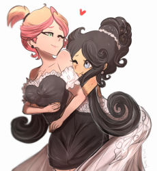 Rule 34 | 2girls, alternate costume, alternate hairstyle, amanda o&#039;neill, bare shoulders, black hair, blonde hair, breasts, collarbone, couple, freckles, green eyes, grey eyes, happy, heart, highres, hug, hug from behind, little witch academia, long hair, medium breasts, multicolored hair, multiple girls, neck, omiza somi, one eye closed, original, pink hair, simple background, smile, very long hair, white background, yuri, zz (omisa somi)
