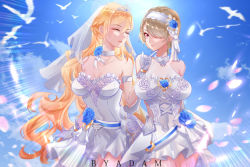 Rule 34 | 2girls, artist request, bare shoulders, bianka durandal ataegina, bianka durandal ataegina (dea anchora), bird, blonde hair, blue sky, bracelet, breasts, bridal veil, bride, brown hair, choker, closed eyes, dress, female focus, gloves, hair ornament, hand on another&#039;s chin, hand on another&#039;s hip, honkai (series), honkai impact 3rd, jewelry, large breasts, long hair, multiple girls, petals, rita rossweisse, rita rossweisse (artemis), short hair, skirt, sky, smile, standing, veil, wedding dress, white dress, white gloves, wife and wife, yuri